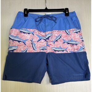Vineyard Vines Men's Blue Tropical Swim Trunks Sz Small Fish Print 7" Inseam
